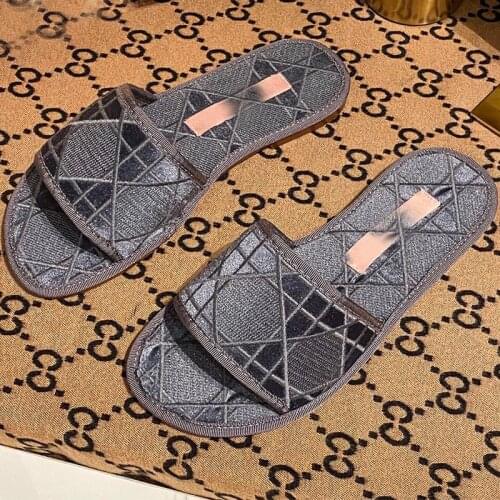 2021 spring and summer new womens shoes Five-pointed Star Embroidered Canvas English Letter Printing Flat Slippers Sandals