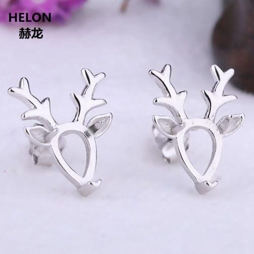 Sterling Silver 925 Stud Earrings White Gold Color Sika Deer 4x7mm Pear Cabochon Semi Mount Earrings for Women Amber Setting