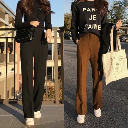 2019 Autumn Pants For Women Woolen pantalon Female Casual Office Lady Ankle Length Trousers High Waist Wide Leg Pants Winter Femme