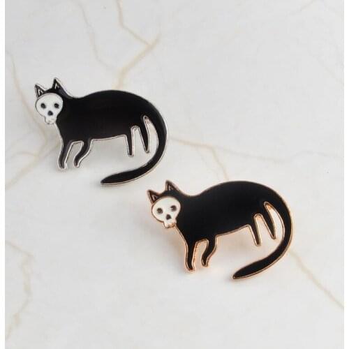 2019 Black cat with Skull face Enamel Pins Badge Dark gold silver brooch Animal Lapel pin Gothic Jewelry Gift Brooch for Women