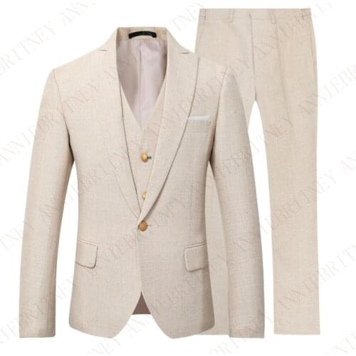 ANNIEBRITNEY Beige Ivory Men Suit Casual Linen Beach Suit Wedding Groom Stylish Prom Dress Men Party Wear Tuxedo Custom Size