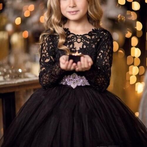Baby Girl Black Lace Long Sleeves Birthday Dress Girls Celebration Dresses For New Year Wedding Flower Girl Dress
