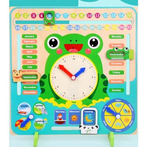 Wooden Early Aids Toy Baby Weather Season Calendar Clock Time Cognition Kid Montessori Cute Frog Preschool Educational Toys Gift