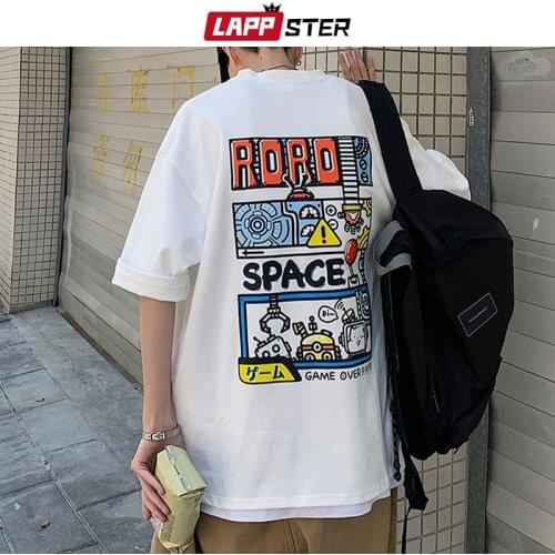 LAPPSTER Men Cartoon Harajuku Streetwear T-Shirts 2021 Summer Mens Korean White T-Shirts Male Funny Casual Tops Tees Plus Size