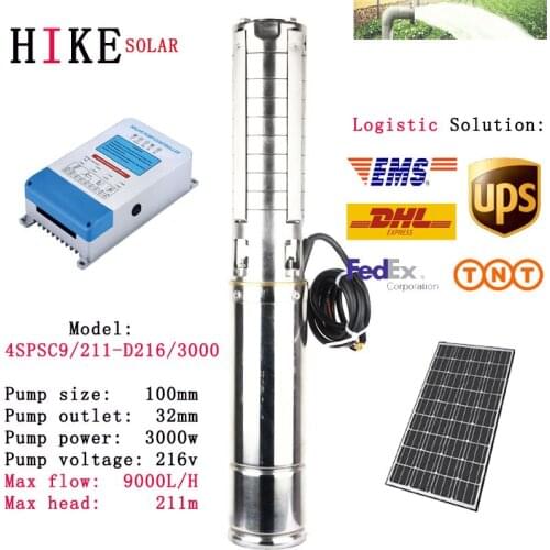 Hike solar equipment 4" magnetic brushless dc solar pump solar irrigation submarine deep well water pump 4SPSC9/211-D216/3000