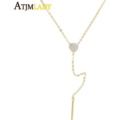 HOLO triangle AAA sparking cubic zirconia lariat Long chain Y shape elegant classic gold color bar charm layer cz necklace