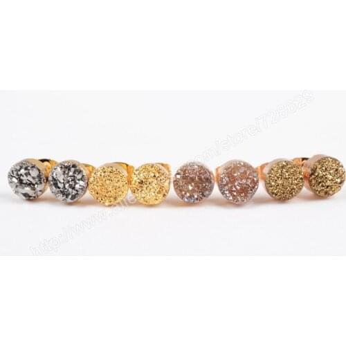 BOROSA 5Pair/lot Fashion Gold Color 8mm Round Natural Crystal Titanium Druzy Studs Earrings G0889