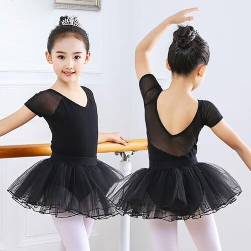 Summer Kids Dance Dress Split Black Mesh Tulle Skirts Dance Costume Performance Ballerina Ballet Clothing for Girls Short Sleeve