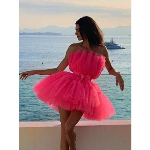 Layers Cake Tulle Party Dresses Fashion Women High Waist Mini Mesh Dress Sexy Strapless Ball Gown Dress Female Tunic Vestidos