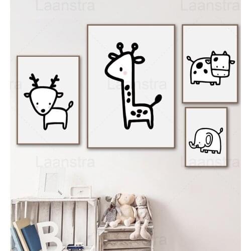 Cartoon Childrens Room Decoration Painting Simple Small Animals Black and White Living Room Wall Canvas Poster Prints Elk Giraf