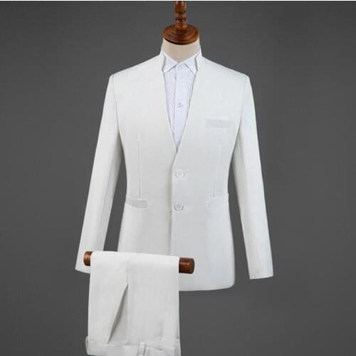 Blazer men Chinese tunic suit set with pants mens wedding suits stand collar youth singer stage clothing formal dress white