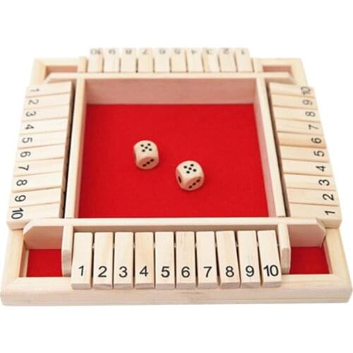 Shut The Box Dice Board Game 4 Sided 10 Number Wooden Flaps & Dices Game Set for 4 People Pub Bar Party Supplies
