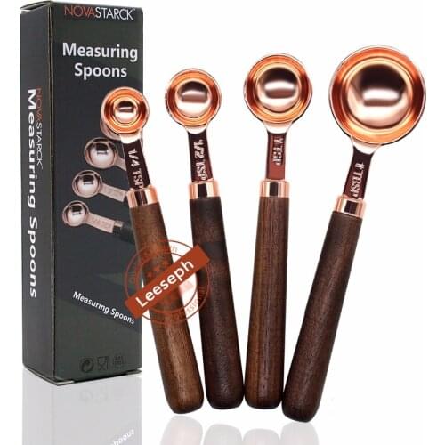 Copper Measuring Spoons Set of 4, Copper-Plated Top-Quality Stainless Steel with Wood Handles / Rose Gold