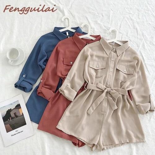 Korean Style 2020 New Fashion Womens Playsuits Chic Double Pocket Skinny Strap Long-sleeved Casual Jumpsuit Overalls For Women