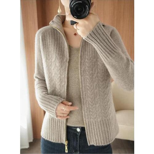 2021 Autumn New Knitted Sweater Cardigan Womens Stand-up Collar Loose Slim Thin Spring Student Sweater Jacket Female Tops W20
