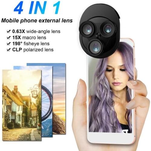 Phone Lens 4-in-1 Universal External Wide Angle Macro Fisheye CPL Cellphone Clip Camera Lens for Smartphone