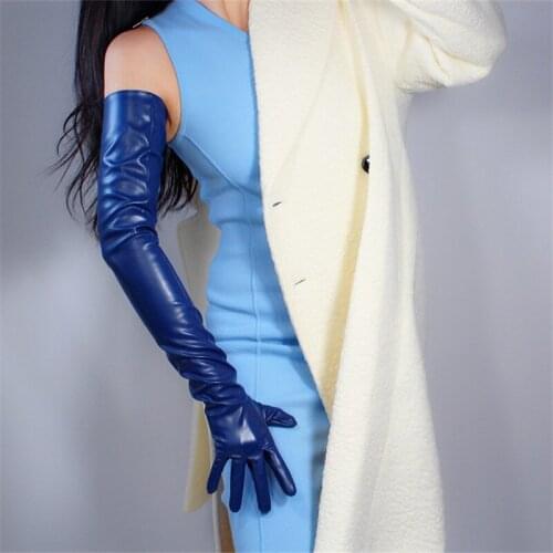 EXTRA LONG FASHION GLOVES FEMALE Faux Leather Sheepskin PU 28" 70cm Evening Party Leather Gloves Women Blue Navy PU185
