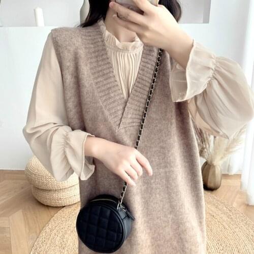 Spring and autumn2021 Maxi Long A line Dress Women High Waist V Neck Sleeveless Sweater Dresses Sweet Tank Vest Dress FC692