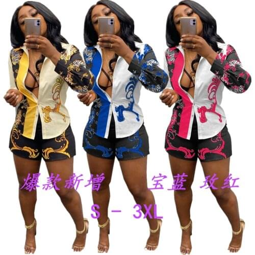 QY5059 Wholesale Items Summer Digital Printed Plus Size Slim Women 2 Piece Set Casual Shirt Dress Sexy Nightclub Short Dress