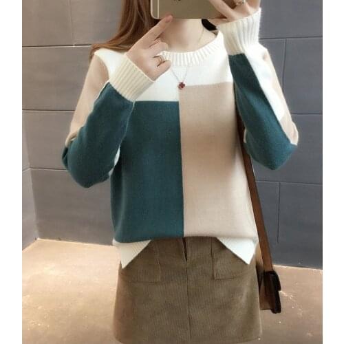 Kpytomoa Fall/Winter Womens 2021Loose Knit Sweater Irregular Stripes Color Block Sweater Women Pullover cryptographic