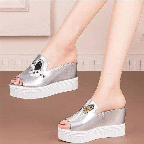 Platform Oxfords Shoe Women Genuine Leather Open Toe Slippers Female Wedges High Heel Mules Summer Fashion Sneakers Casual Shoes