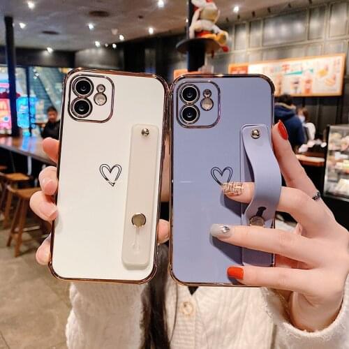 Ultra-thin Cute Heart-shaped Plating Silicone Bracket Phone Case For iPhone 13 12 11 Pro XS Max XR 8 7 Plus Wristband Soft Cover