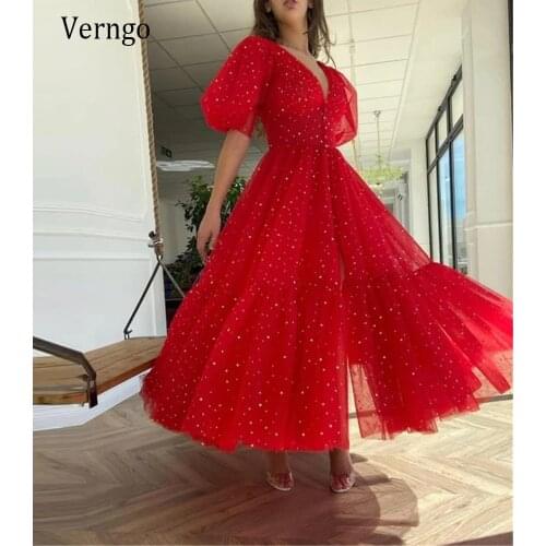 Verngo 2021 Red Tulle A Line Short Prom Dresses With Sparkly Golden Stars Deep V Neck Puff Sleeves Graduation Party Gowns