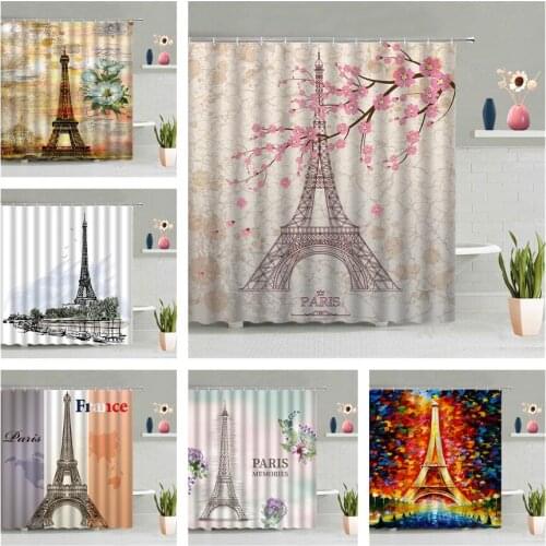 Iron Tower Shower Curtain Color Flower Plant Scenery Hand-Painted Pattern Bathroom Bathtub Decoration Screen Washable With Hook