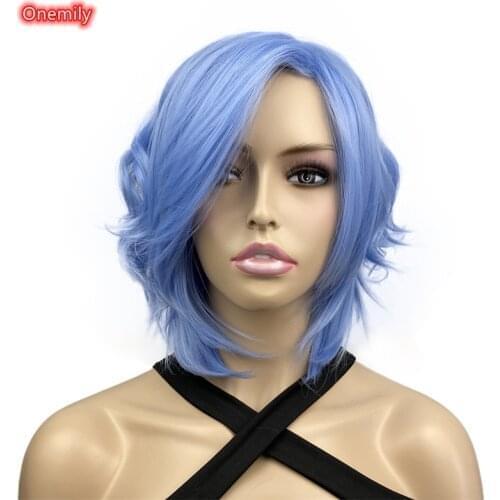 Onemily Short Wavy Anime Cosplay Wig for Women Girls Asymmetrical Side Bangs Blue Wigs for Halloween