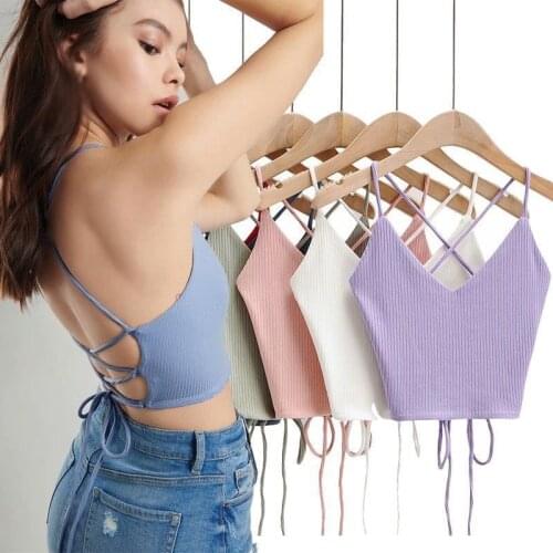 2021 New Summer Women Fashion Sexy V-Neck Bandage Solid Knitted Tank Top Solid Color Crop Tops Sexy Strap Bra Camis