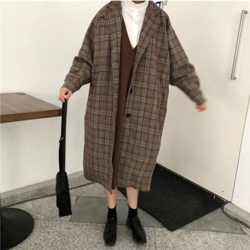 Blends Women Plaid Long Coat Pockets Single Breasted Casual Elegant Loose Ladies Streetwear All-match Womens Woolen Outwear Chic