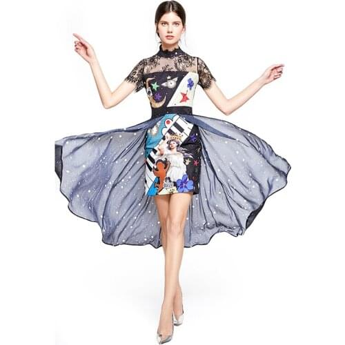 2020 New Fashion Runway Summer Dress Womens Retro Moon Star Print Lace Casual Long Dress Women vestidos sexy dress