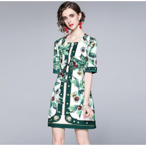 Womens Square Collar Half Sleeve Short Dress 2021 Summer Green Floral Print Gemstone Beading Vintage Party Straight Dress k3820