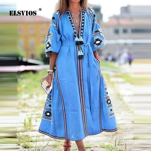 2021 Women Casual Vintage Loose Dress Elegant V Neck Tassel Long A-Line Dress Autumn Lady Puff Sleeve Floral Print Party Dresses