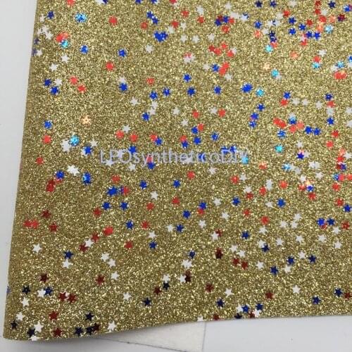 1PC 21X29CM Gold Glitter with Red Blue and White Stars Confettis, Glitter Leather For Making Bows LEOsyntheticoDIY R2017