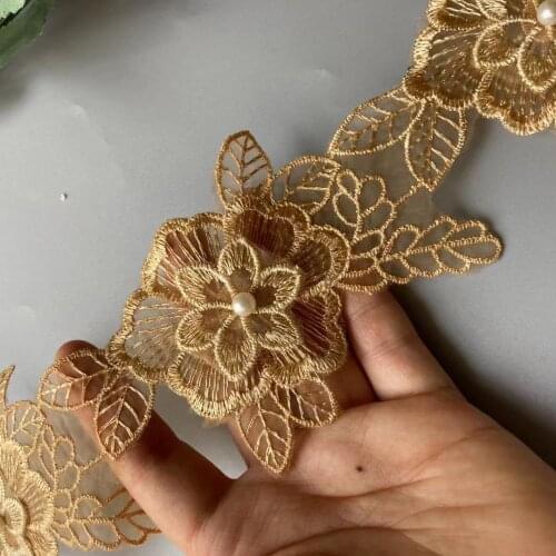 10x Gold Lace Pearl Trim Ribbon 3D Floral Beaded Flower Embroidered Applique Patches Dress Fabric Sewing Craft Vintage 10cm New