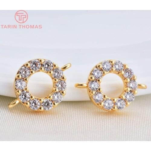 4PCS 24K Gold Color Plated Brass with Zircon Round Circel with 2 holes Connector Charms Pendants Jewelry Findings Accessories