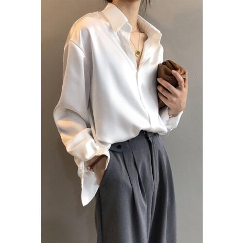 White Shirt Female Autumn and Winter Design Sense Niche Satin Shirt Joker Retro Hong Kong Temperament Long Sleeve Drape Top