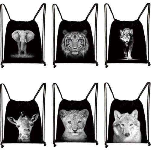 Black White Wild Animals Print Drawstring Bag Men Storage Bags Cool Boys Tiger Wolf Lion Backpack Teenager Travel Bag Gift