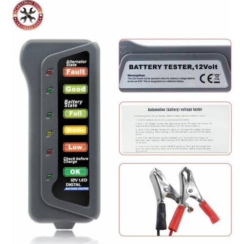 Digital Battery Tester 6 LED Lights Display Auto Car Diagnostic Tool 12V Battery Alternator for Cars Vehicle Motorcycle