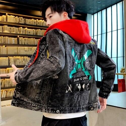 Personality fashion brand denim men jacket spring autumn Korean handsome student hooded slim denim jacquard embroidery coat