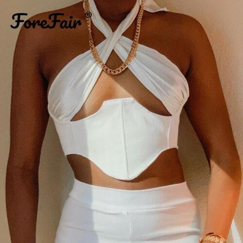 Forefair Satin Bandage Women Bustier Halter Tops Off Shoulder Hollow Out Bare Back Solid Party Sexy V Neck Crop Top Women