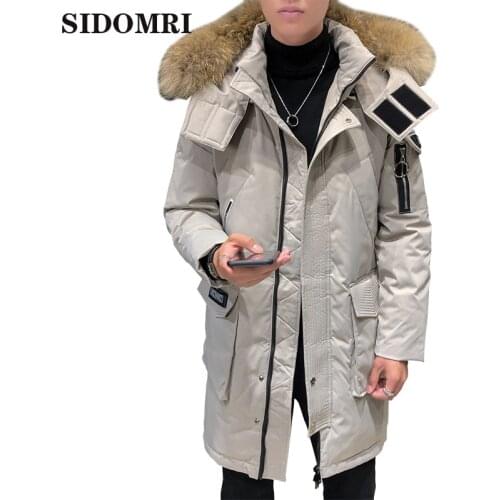 Mens Down Jacket Winter Big Fur Collar Korean Mid-Length Casual Hooded Thick warm white duck down Winter Jacket