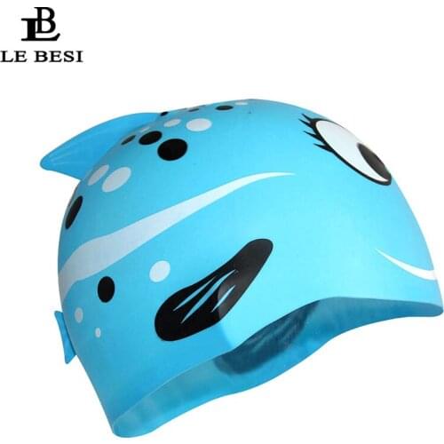 LEBESI 2017 New Childrens Cartoon Fish Swimming Cap PU Fabric Waterproof Swim Pool Hat Elastic Bathing Cap Free Size Swim Cap
