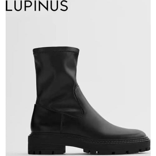 LUPINUS New Winter Womens Shoes, Black Groove Sole Side Zipper Short Boots Flat Bottom Fashion Ankle Boots Woman