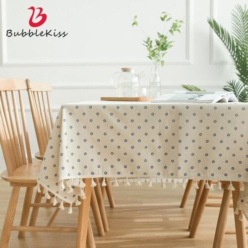 Bubble Kiss Table Cloth Simple Garden Blue Daisy Print Flower Stripe Cotton Cotton Linen Home Decor Toward Tassel Table Cover