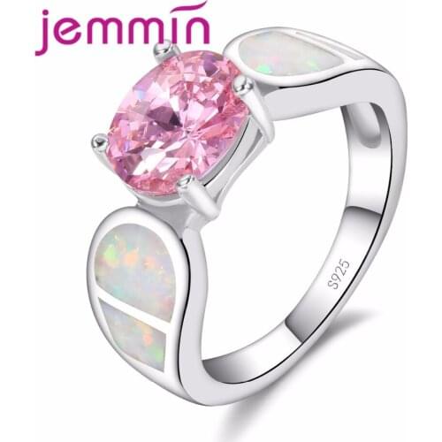 S925 Sterling Sliver Halo Opal Engagement Ring Round Design Pink Rhinestone Crystal Gemstone Wholesale Ring Gifts For G