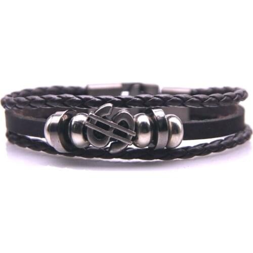 Vintage Black Brown Multi-Layer Leather Punk Bracelet Mens Womens Dollar Money Symbol Charm Bracelet