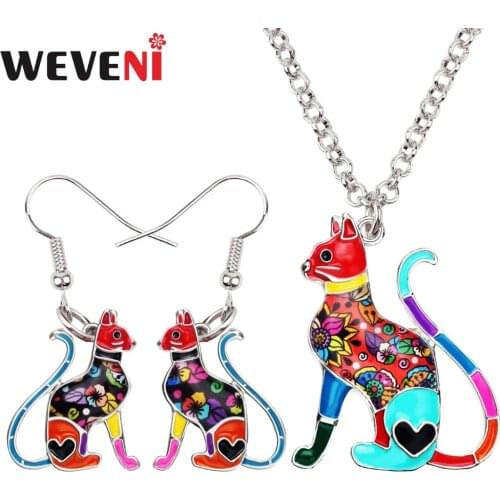 WEVENI Enamel Alloy Elegant Sitting Kitten Cat Earrings Necklace Jewelry Sets For Women Girls Party Gift Drop Ship Bijoux Charms