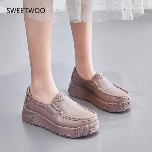 Womens round-toe solid color leather casual sneakers pedal comfortable platform shoes 2021